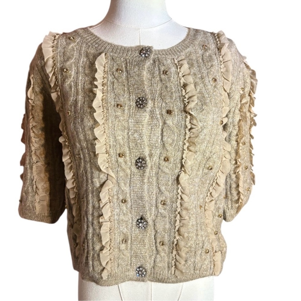 Maeve Short-Sleeve Embellished Ruffled
Cardigan Sweater in Taupe Sz M & L & XL - Picture 4 of 8